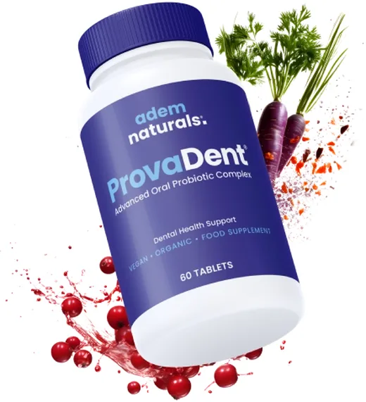 A bottle of ProvaDent Advanced Oral Probiotic Complex by Adem Naturals, 60 tablets, with cranberries and purple carrots